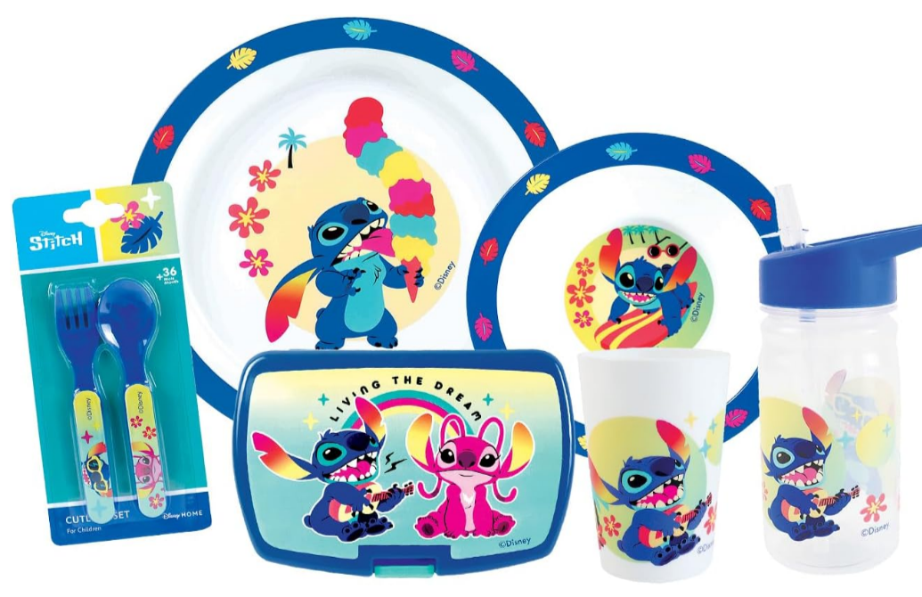 Set de repas complet Disney Angel & Stitch pour enfants, réutilisable et micro-ondable | Vaisselle, gourde et boîte goûter