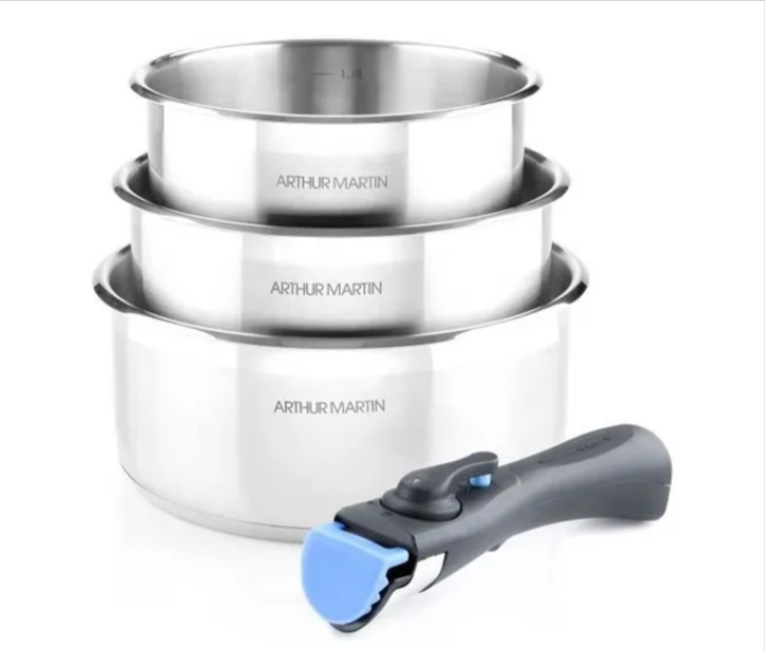 Set de casseroles Arthur Martin AM3710 en acier inoxydable avec poignée amovible, compatible tous feux dont induction, 3 tailles 16-18-20 cm.