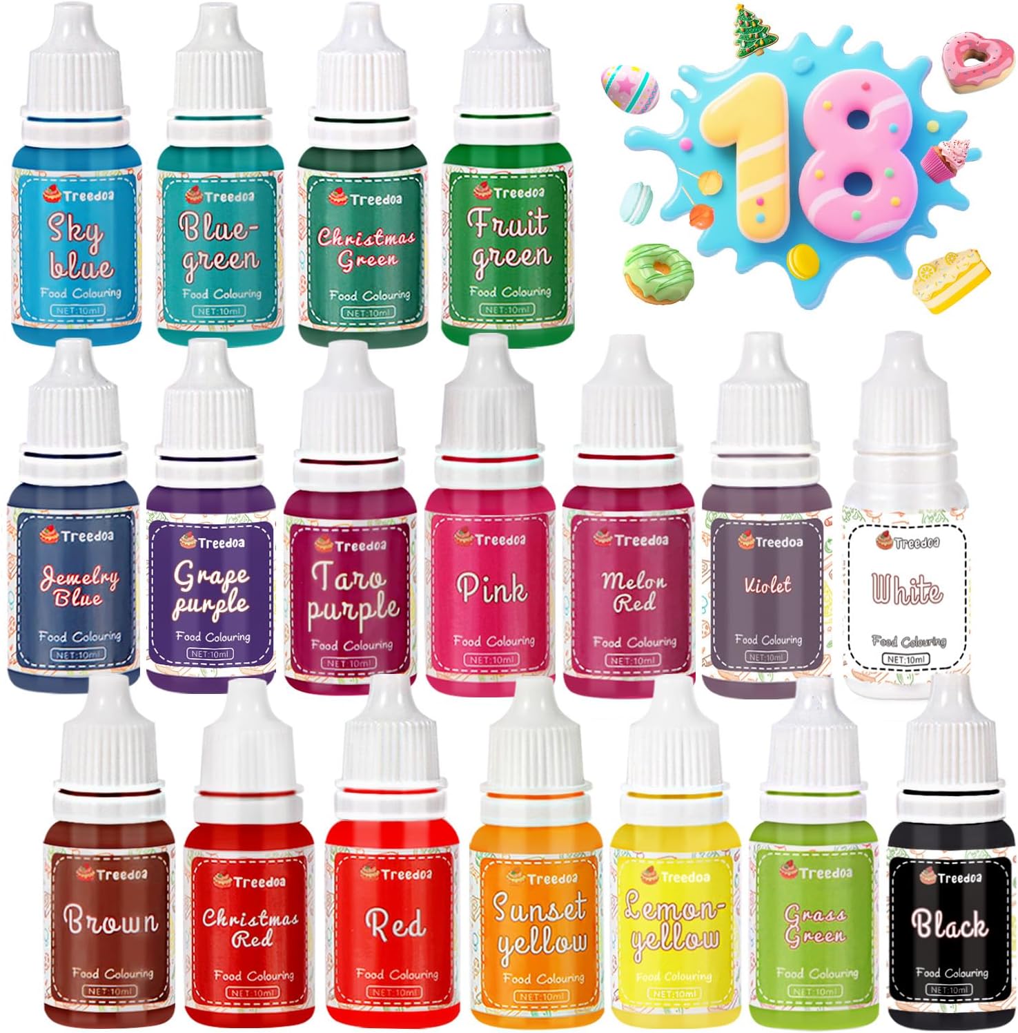 Lot de 18 colorants alimentaires liquides Treedoa, 10 ml chacun, haute concentration, idéal pour décoration de gâteaux et créations DIY.