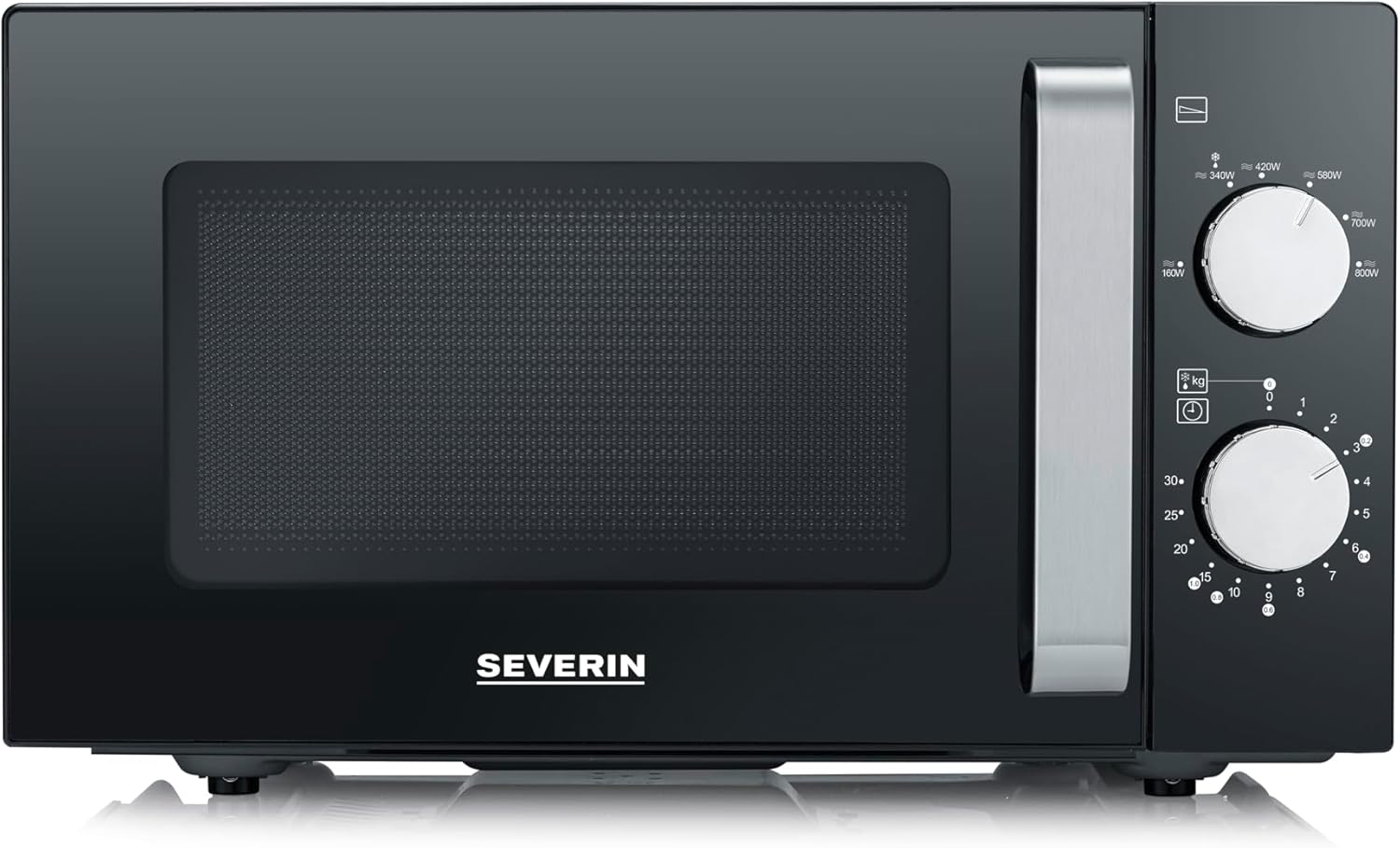 Micro-ondes SEVERIN MW7761 noir de 20 litres avec fond plat en céramique, puissance de 800 W, 6 niveaux de puissance et fonction décongélation affiché en promotion à 62,99€ sur Amazon.