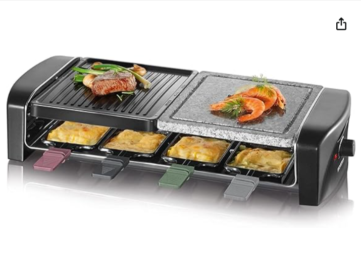 : SEVERIN Appareil à Raclette 8 personnes RG 9645, plaque antiadhésive et pierre naturelle, 1 400 W, poêlons inclus, cuisson douce et sans huile
