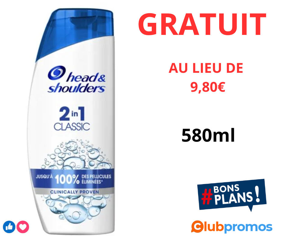 Shampoing Antipélliculaire 2 en 1 Classic HEAD & SHOULDERS le flacon de 580mL GRATUIT au lieu ...png