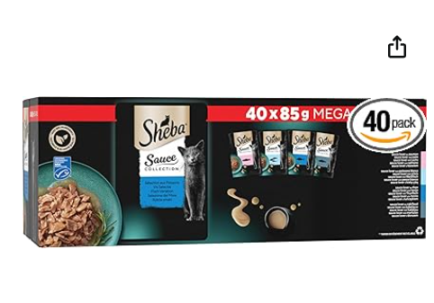 Bon plan Amazon sur les sachets fraîcheur Sheba Sauce Collection pour chat adulte, lot de 40 x 85 g aux poissons, nourriture humide en sauce à 10,99 euros au lieu de 16,01 euros.