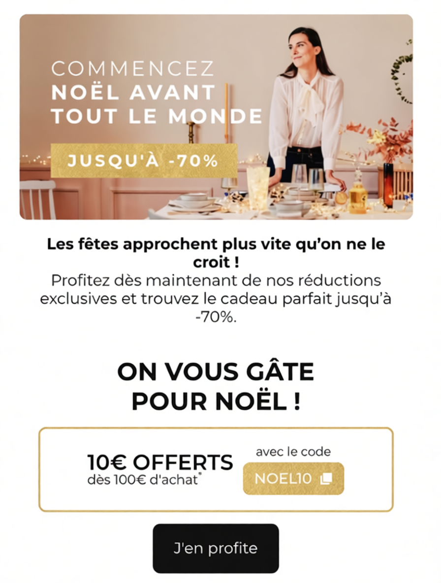 Offre Showroomprivé 10€ offerts dès 100€ d’achat avec le code NOEL10 — bon plan mode, beauté, maison, voyage — réduction exclusive ClubPromos 2025.