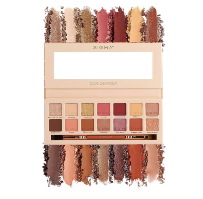 Palette SIGMA Beauty Cor-De-Rosa, 14 fards mats, scintillants et métalliques, pinceau double embout E38/E54 inclus, teintes chaudes rose-abricot, maquillage yeux polyvalent, bon plan Amazon.