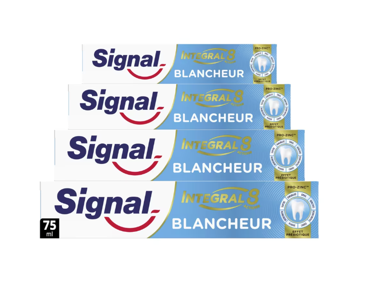 Dentifrice Signal Integral 8 Blancheur, lot 4×75 ml – PRO-ZINC à effet prébiotique, 96 % d’ingrédients naturels, action antibactérienne 24 h, 8 actions, emballage recyclable