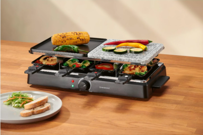 Raclette-gril Silvercrest® 8 personnes, 1400W, plaque réversible, pierre naturelle, antiadhésif.