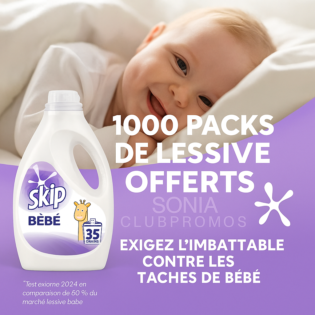 Test gratuit de la lessive Skip Bébé – 1000 échantillons offerts via TRND. Formule douce hypoallergénique testée dermatologiquement.