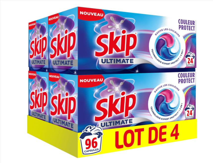 Lot de 96 capsules Skip Ultimate 4 en 1 Couleur Protect en promotion sur Amazon, lessive en capsules pour linge coloré avec technologie Expert Protect, dissolution rapide à froid et protection des fibres.