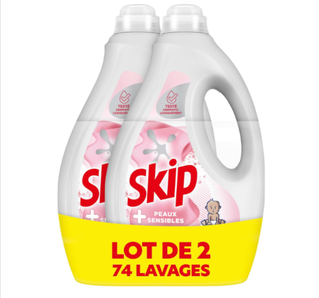  Bon plan Amazon sur Skip Lessive Liquide Peaux Sensibles 2x37 lavages – testée dermatologiquement, contre les taches, à 14,77€ au lieu de 21,95€ avec livraison gratuite.