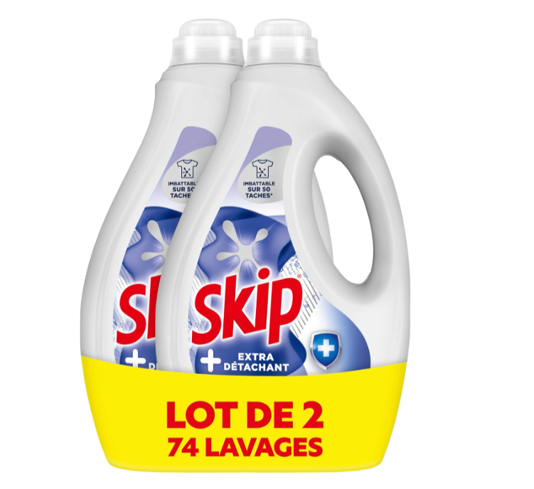  Skip Lessive Liquide 74 lavages Extra Détachant, capsules performantes pour éliminer les taches tenaces, emballage recyclable.
