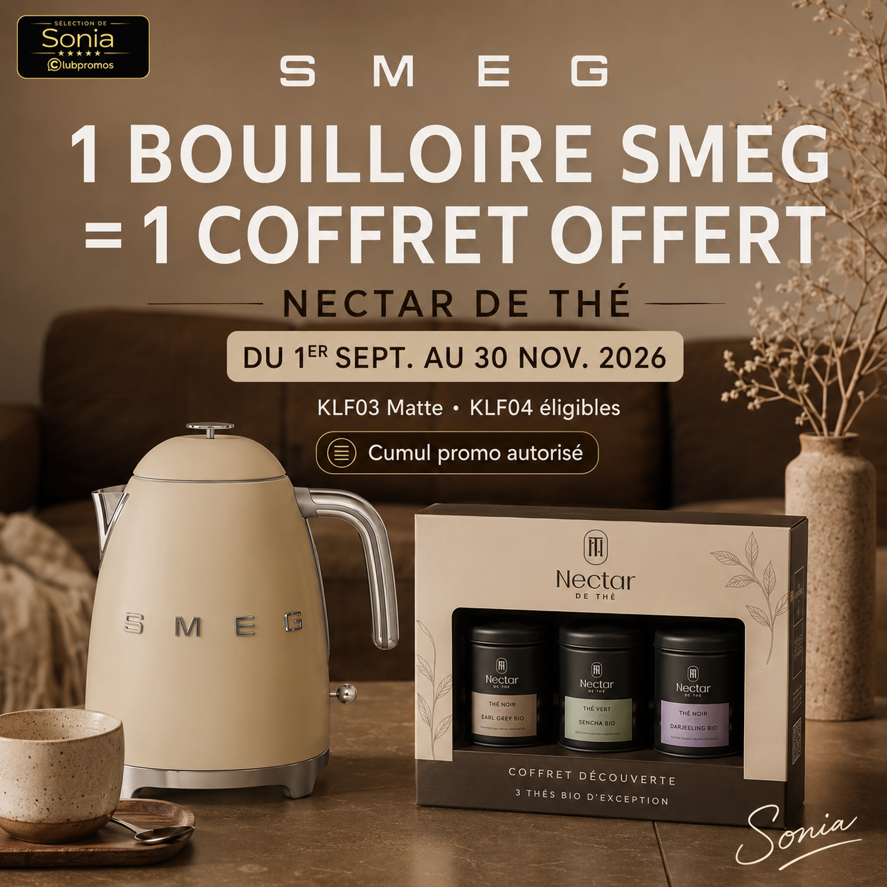 Texte ALT : Offre SMEG 2026 avec coffret Nectar de Thé offert pour l’achat d’une bouilloire KLF03 ou KLF04 éligible
