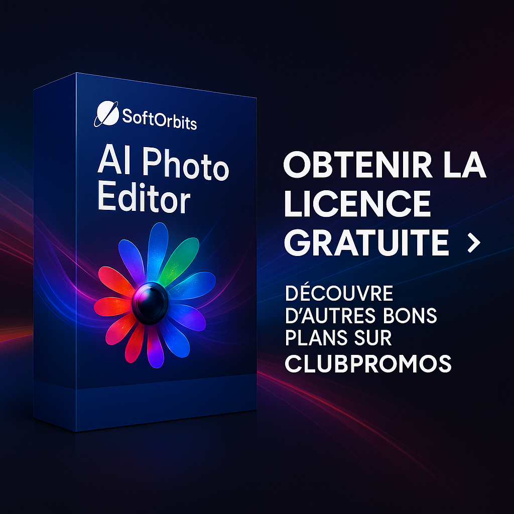 SoftOrbits AI Photo Editor – Offre gratuite, licence à vie, retouche photo IA, défloutage, débruitage, restauration, détourage automatique, activation immédiate.