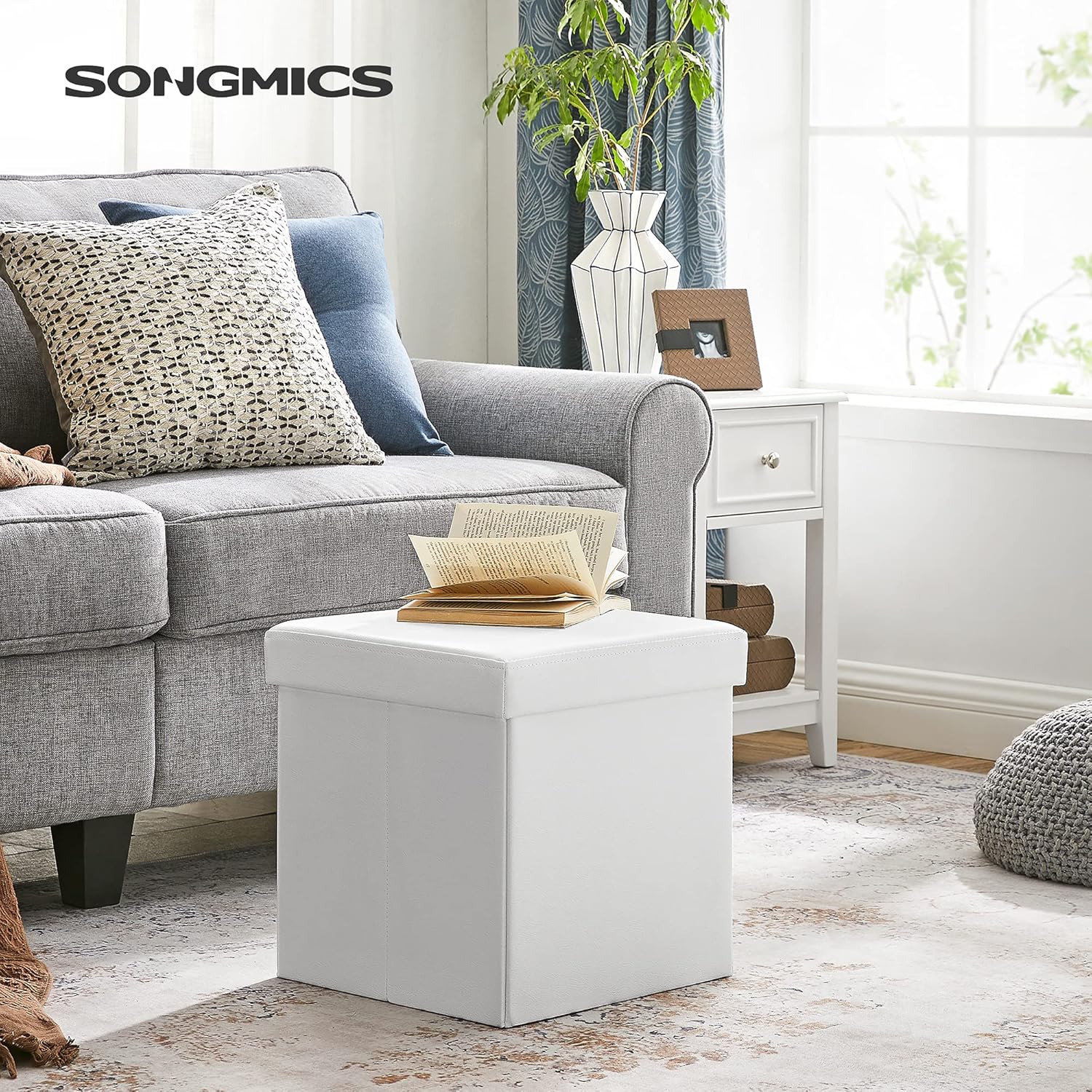 SONGMICS 38 cm Cube Pouf Coffre de Rangement Pliable Chargement Max. de 300 kg Blanc LSF103.jpg
