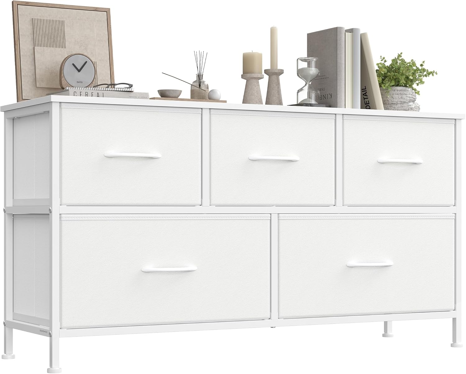 Commode SONGMICS 5 tiroirs (LGS322WH01), Blanc Nuage & Blanc Neige — structure acier, plateau aggloméré, tiroirs tissu renforcé MDF, 2 grands + 3 petits tiroirs, pieds réglables, kit anti-basculement, 30 × 98,8 × 52,2 cm, plateau 40 kg, grands tiroirs 10 kg, petits tiroirs 5 kg.