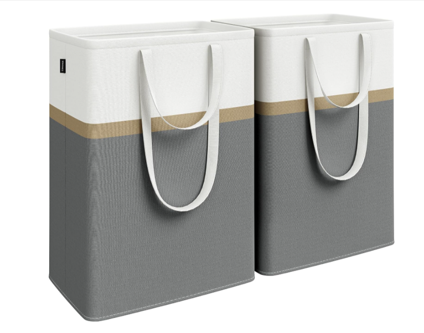Lot de 2 paniers à linge SONGMICS LCB208G01 – 75 L chacun, autoportants, pliables, poignées longues et courtes, revêtement PE facile à nettoyer, gris ardoise.