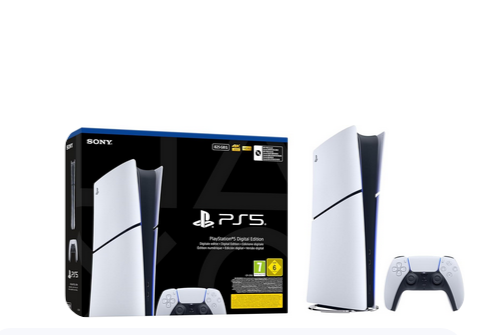 Console PlayStation 5 Édition Numérique Sony – manette DualSense blanche, SSD ultra-rapide, audio 3D, HDR 4K, remise automatique Amazon à 389,99 €.