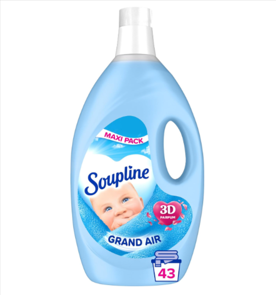 : Soupline Adoucissant 3D Grand Air 2,85L, 92% d'ingrédients naturels, formule active à froid, parfum longue durée.