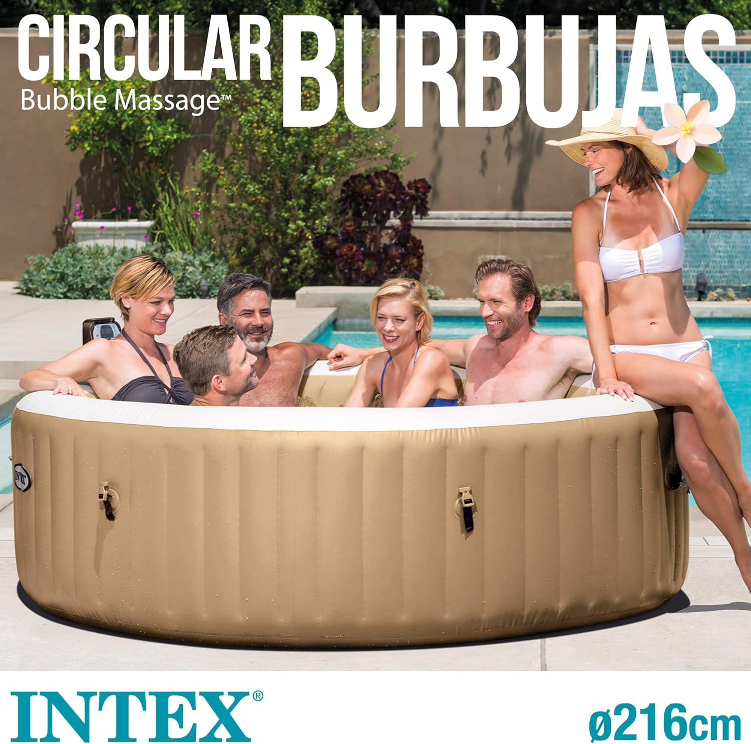 Spa gonflable Intex avec 140 diffuseurs à bulles, structure FiberTech solide, panneau de contrôle digital, accessoires inclus (sac, tapis, cartouches) – design élégant et confort optimal.