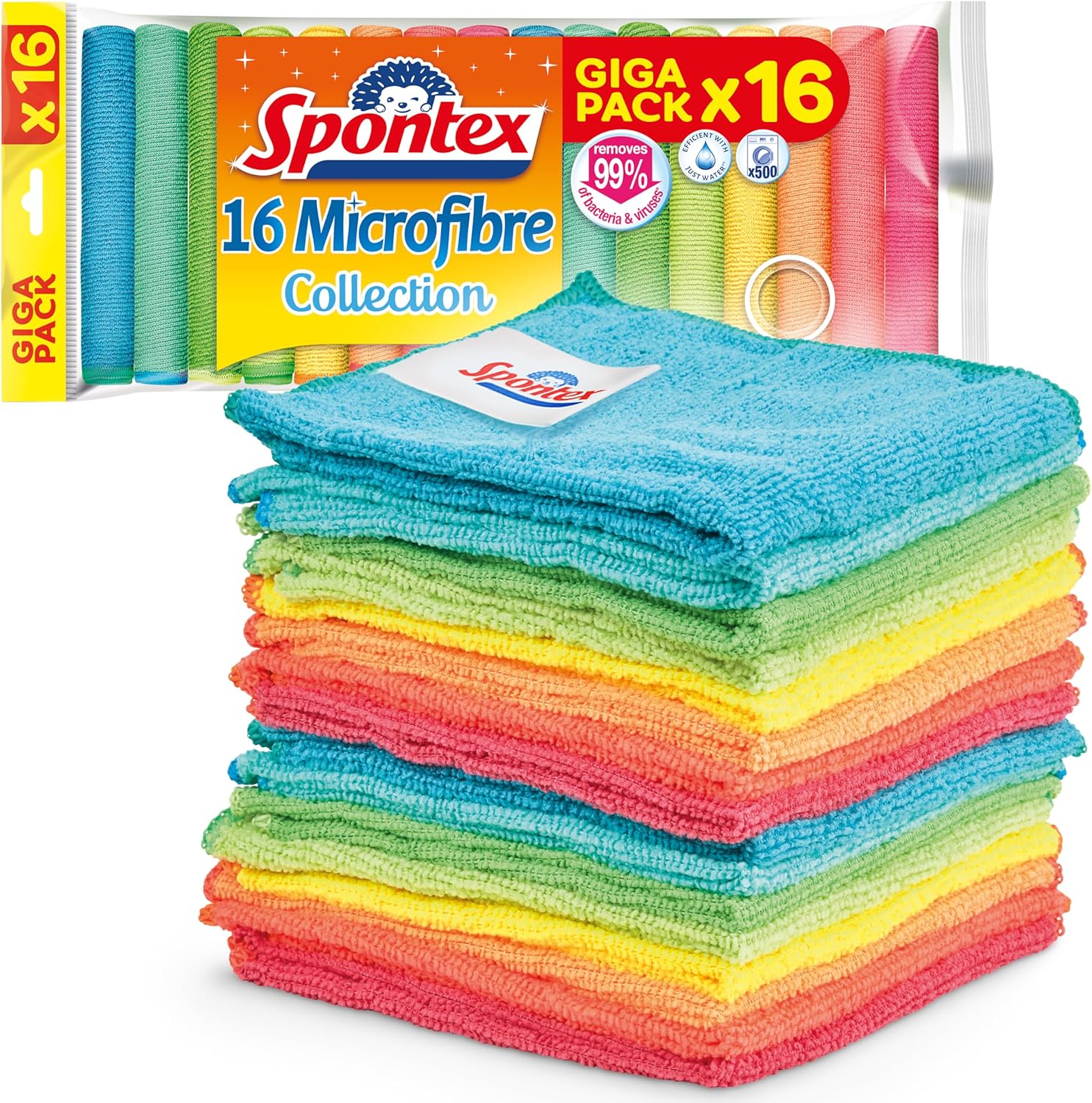 Spontex – Lot de 16 chiffons microfibre 30×30 cm, couleurs assorties, dépoussiérage & dégraissage à l’eau, lavables 40 °C jusqu’à 500 cycles