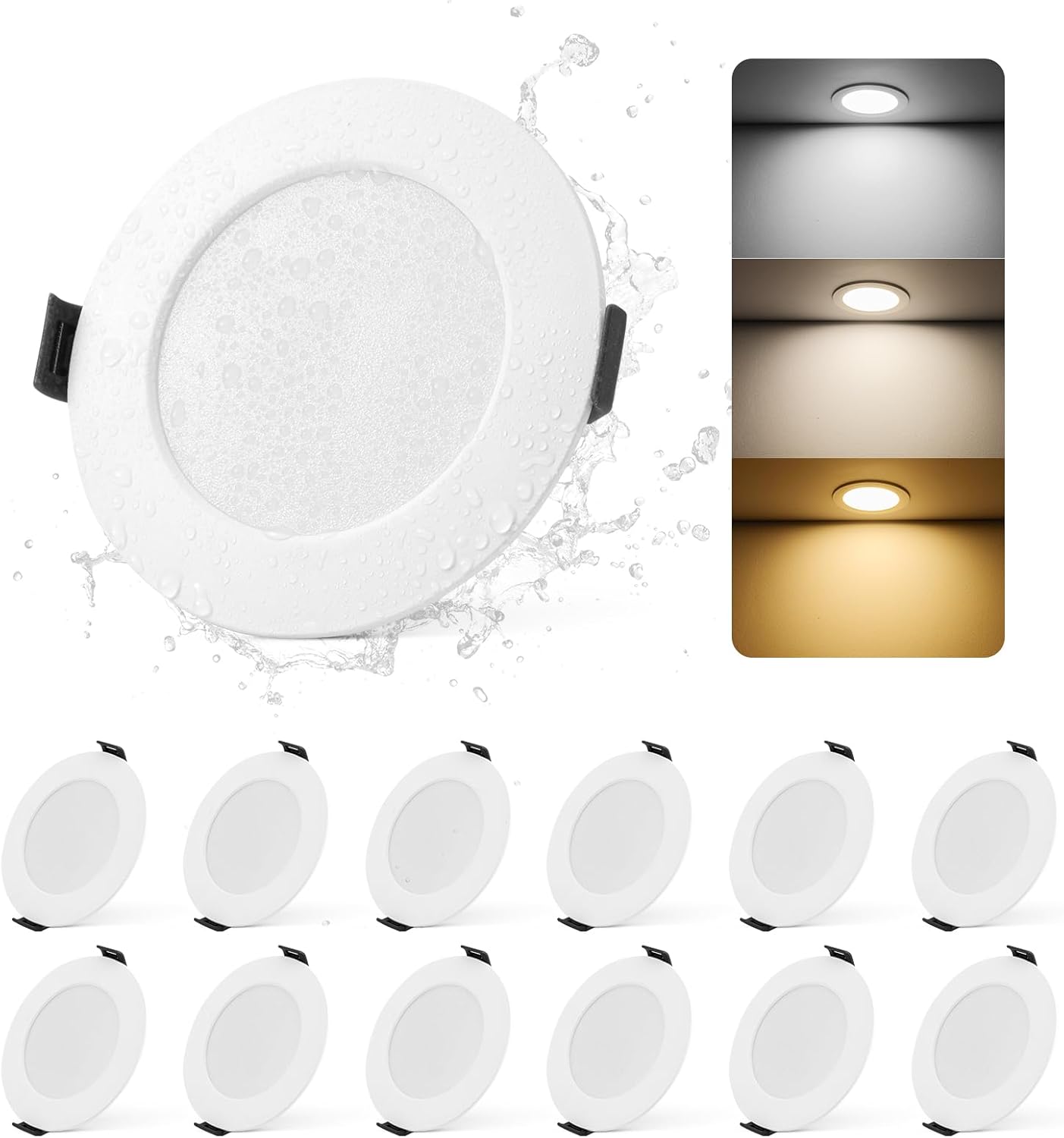 Lot de 12 spots LED encastrables ultra-plats Yafido – Ø75-90mm, 5W, IP44, 3 températures de couleur, installation facile pour plafond salle de bain et cuisine