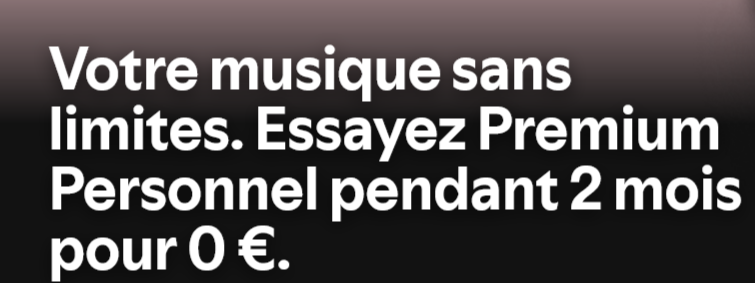 Interface Spotify Premium montrant l'offre spéciale 2 mois gratuits pour nouveaux abonnés avec écran de lecture de musique