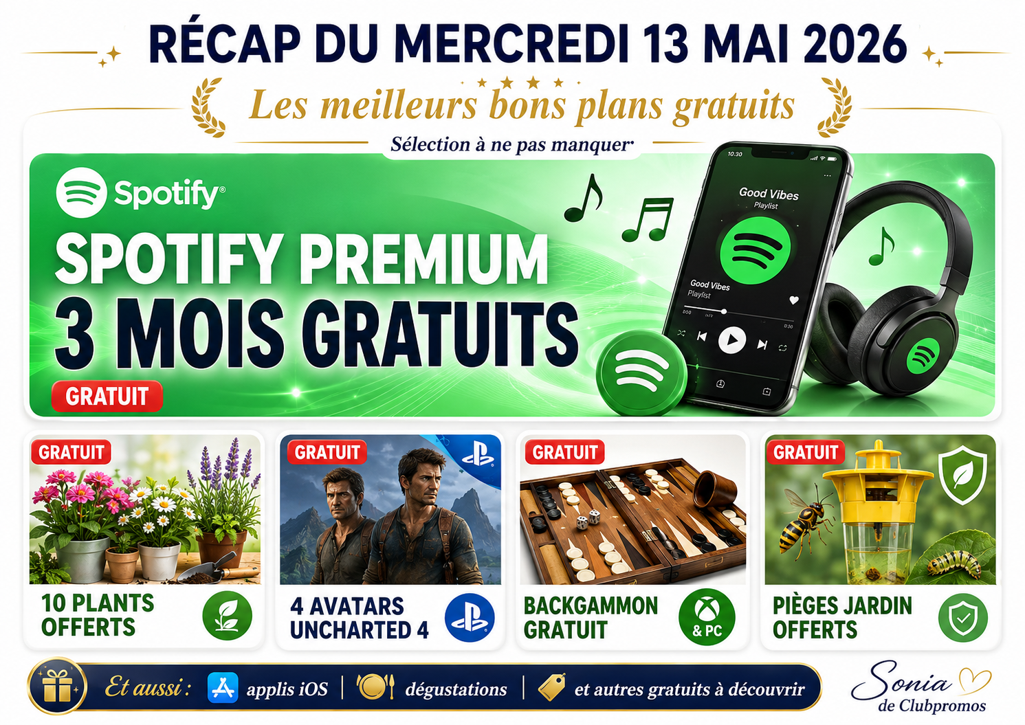 Visuel récap du mercredi 13 mai 2026 mettant en avant 3 mois de Spotify Premium gratuits, 10 plants offerts, 4 avatars Uncharted 4 gratuits, Backgammon gratuit sur Xbox & PC, pièges de jardin offerts et autres bons plans gratuits du jour. Sélection claire et attractive signée Sonia de ClubPromos.