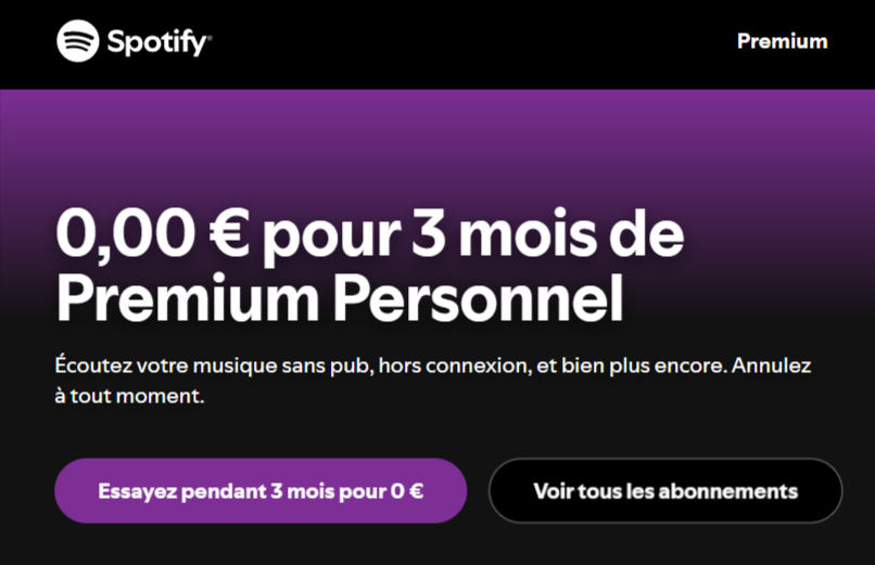 Bon plan Spotify Premium – 3 mois gratuits sans engagement au lieu de 33,99€, musique illimitée sans pub et hors connexion, offre valable France 2025