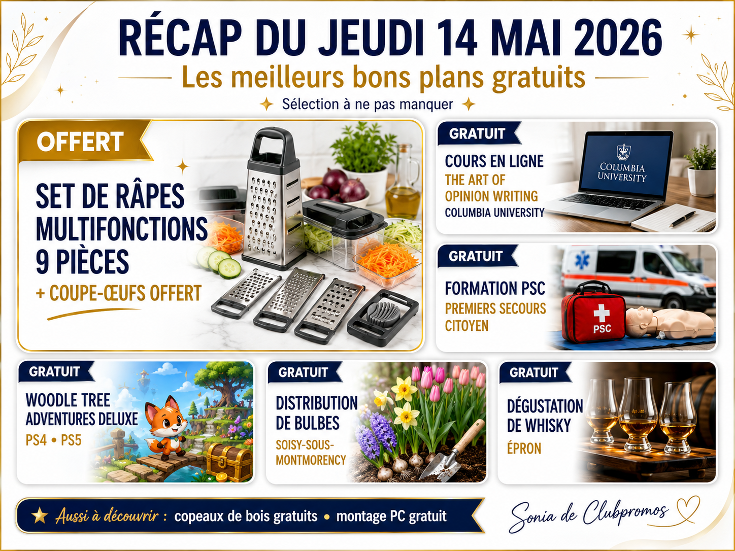 Visuel récap du jeudi 14 mai 2026 mettant en avant Spotify Premium gratuit 3 mois, set de râpes multifonctions offert, formations gratuites Columbia University et premiers secours PSC, jeu Woodle Tree Adventures Deluxe, distribution gratuite de copeaux et bulbés de fleurs, dégustations gratuites de whisky et montage gratuit via configurateur Alternate.