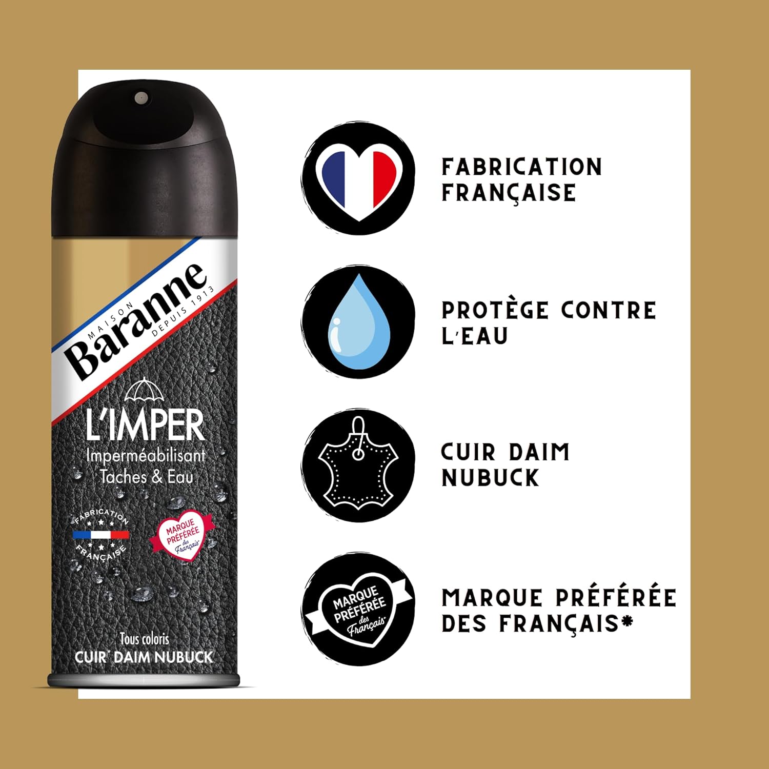 Spray imperméabilisant Baranne 200ml pour cuir, daim et textile, anti-tache et pluie, entretien souplesse, promo Amazon à 2,99€