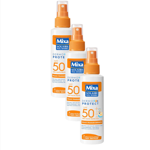  Lot de 3 sprays solaires Mixa SPF50+ spécial enfants, sans parfum, haute tolérance, anti-sable, hypoallergéniques – bon plan Amazon