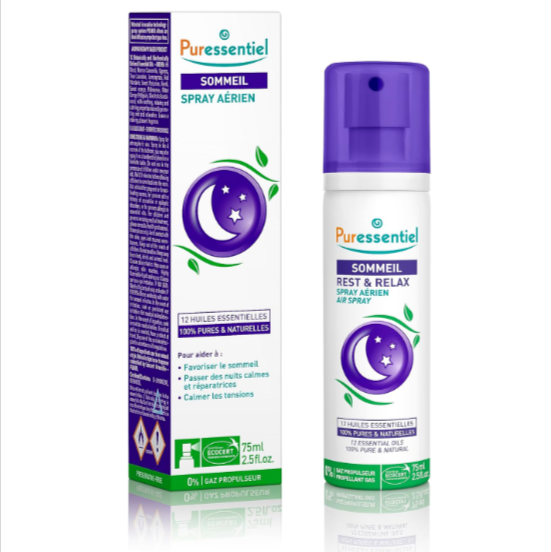  Spray aérien Puressentiel Sommeil et Détente aux 12 huiles essentielles relaxantes, 75 ml, 100% naturel, favorise sommeil réparateur.