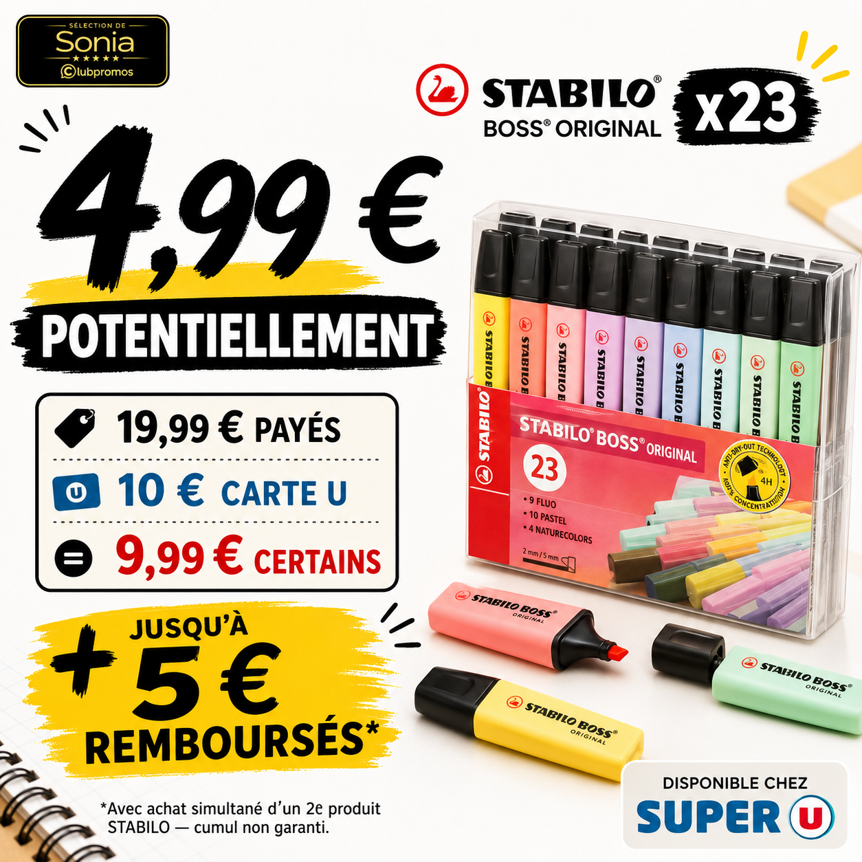 STABILO BOSS Original x23 à 4,99 € potentiellement après Carte U et offre STABILO