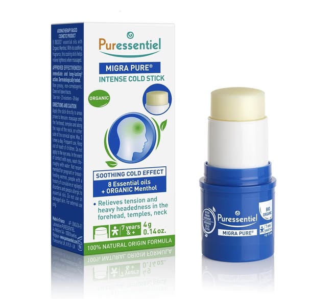Stick froid Puressentiel Migra Pure aux 8 huiles essentielles – format 4g – soulagement naturel des maux de tête – effet glaçon – menthol et lavande – bon plan santé Amazon