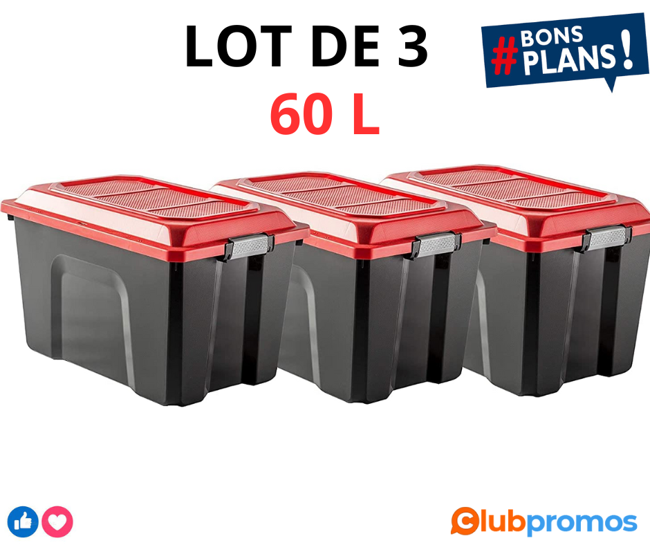 SUNDIS LOT DE 3 Malles de Rangement LOCKER avec Couvercle - 60 - Litres Noir et Rouge TailleNo...png