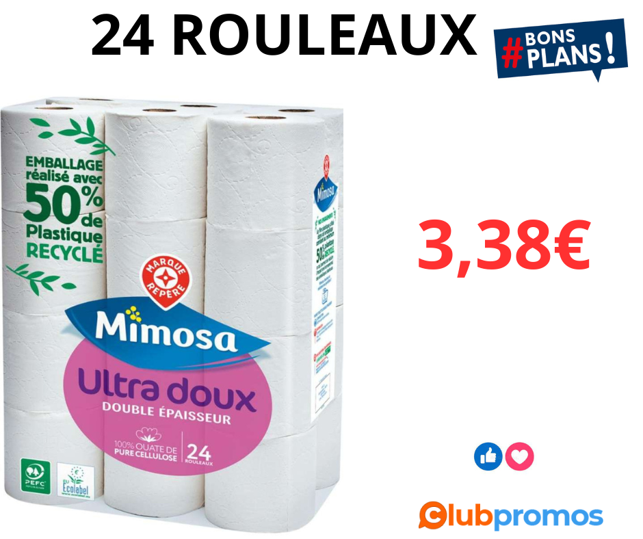 super bon plan chez Leclerc 24 Rouleaux de Papier Hygiénique Mimosa Double Épaisseur à 3,38€ .png