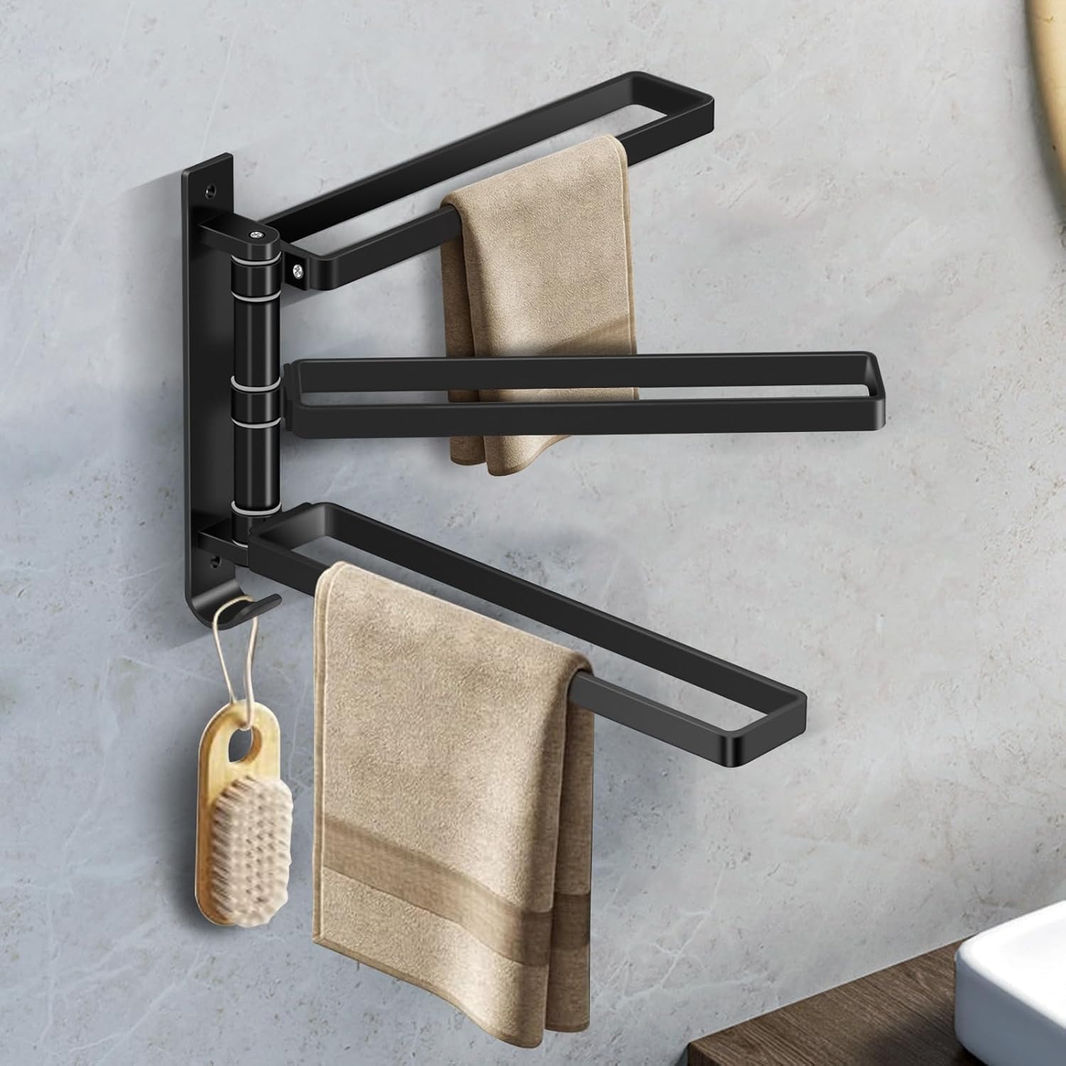 Porte-serviette mural noir 3 bras rotatifs sans perçage, accessoire salle de bain NGOKPYD – bon plan Amazon