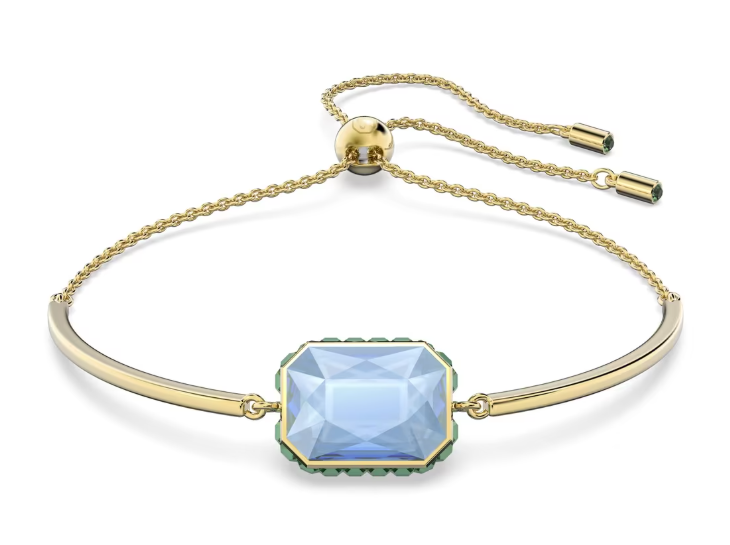 Bracelet Swarovski Orbita pour femme, cristal octogonal réversible bleu/jaune entouré de cristaux verts, placage ton or, longueur ajustable jusqu’à 24 cm, mécanisme coulissant