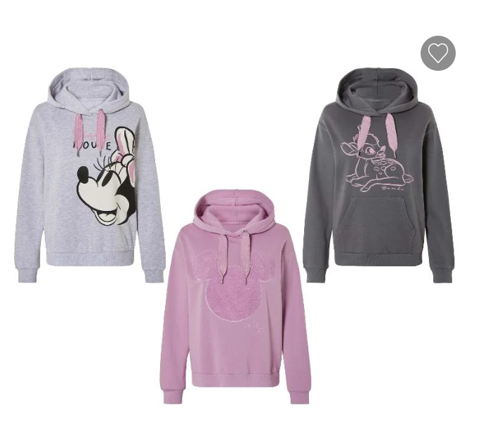 Sweat à capuche femme Disney Lidl 7,99€ – modèles Mickey, Minnie ou Bambi, coton certifié, du 34 au 48, intérieur doux, capuche à cordon