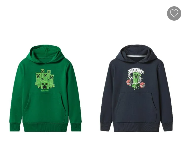 Sweat à capuche molletonné garçon Minecraft bleu foncé et vert – intérieur brossé, poignets et base côtelés, coton 60 % + polyester recyclé 40 %, certifié OEKO-TEX Standard 100 – tailles 6–14 ans – Lidl