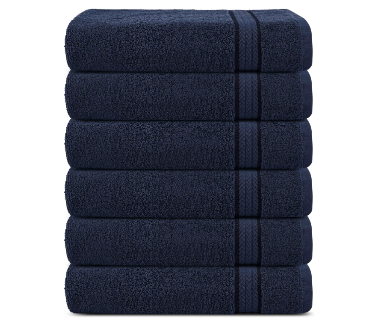 Lot de 6 serviettes de bain Sweet Needle – 100 % coton 580 g/m², bleu marine, épaisseur et absorption premium, avec bande décorative en rayonne.