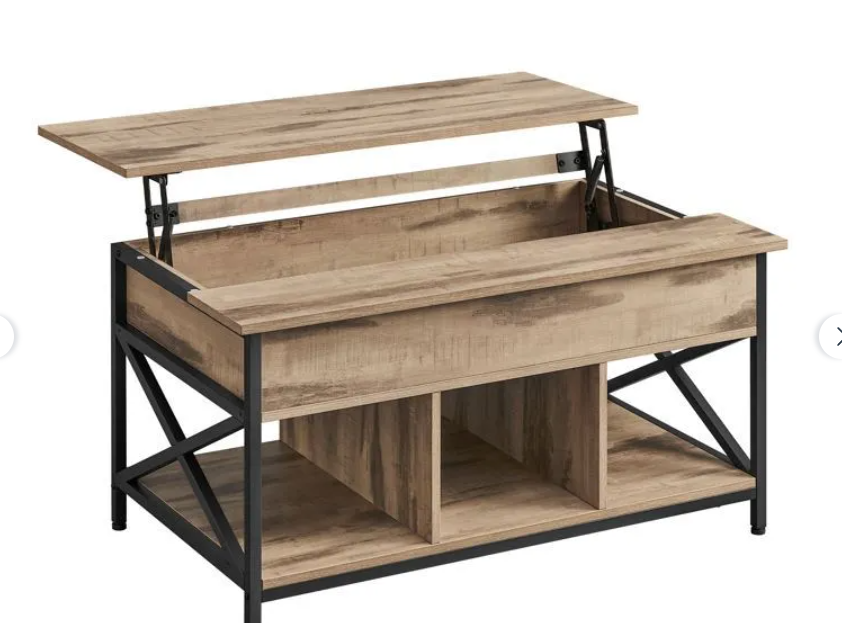Table basse relevable style industriel avec rangement ouvert et compartiment caché, finition marron chêne et noir avec structure acier et plateau relevable, dimensions 100 x 60 cm, proposée à 69,88€ sur Cdiscount.