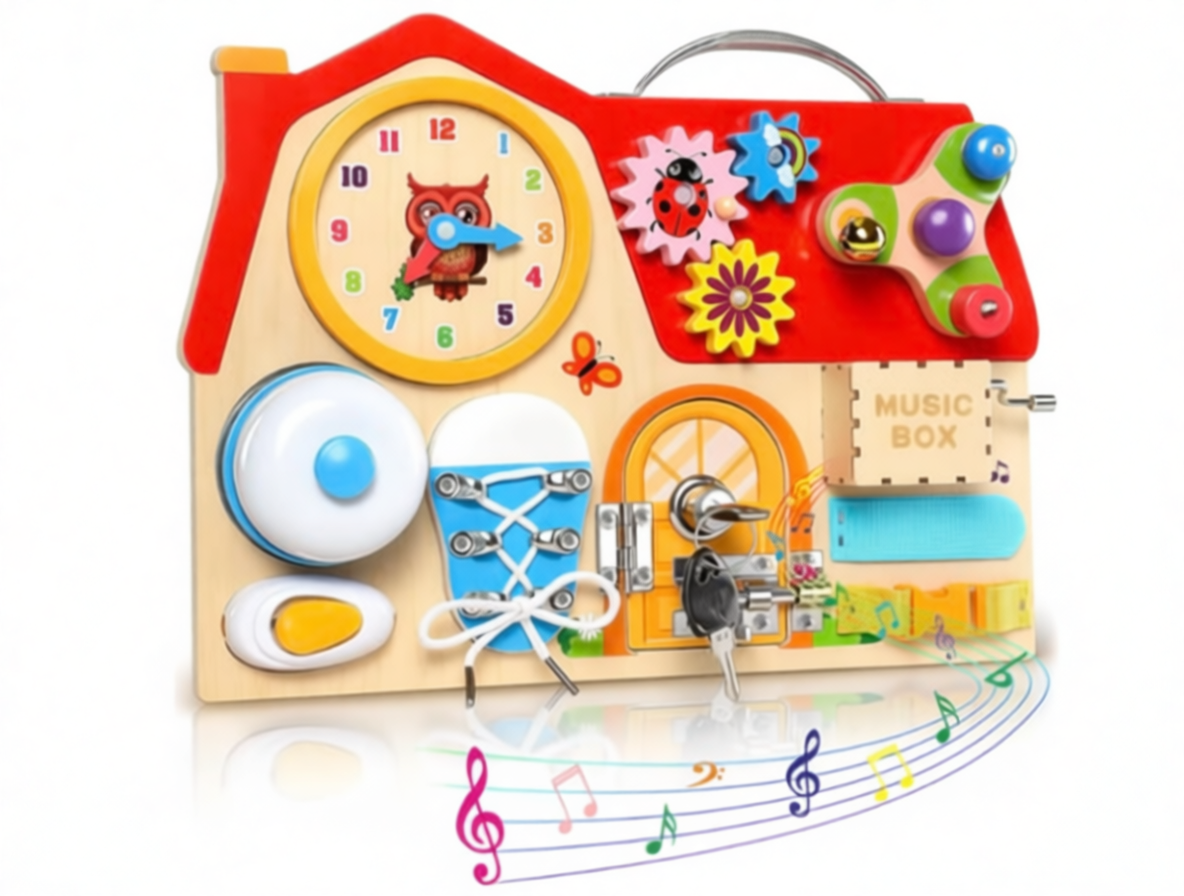 Tableau d’activités Montessori en bois LUVTOY, busy board sensorielle 12-en-1 pour enfant, avec verrous, interrupteurs, lacets et éléments sensoriels, présenté comme bon plan Amazon à petit prix pour un cadeau éducatif de Noël.