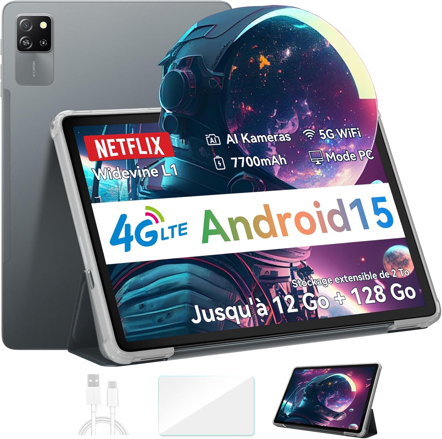 : Tablette Blackview Tab60 Pro Android 15 avec écran 10 pouces, 12 Go RAM, 128 Go ROM, 4G LTE et WiFi 5G.