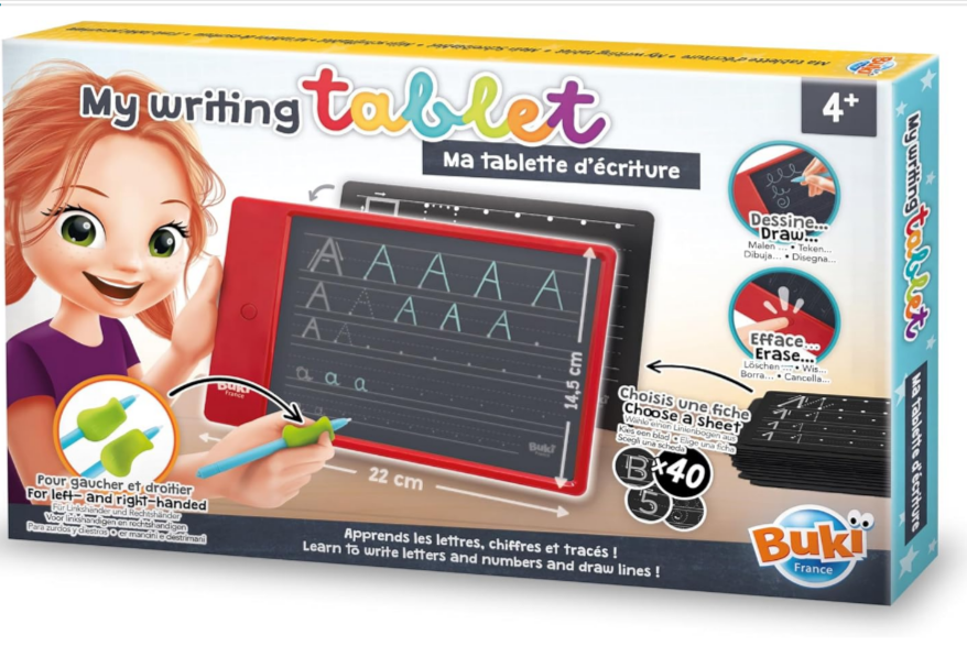 Tablette d’écriture Buki 5607 petit modèle pour enfants avec fiches d’apprentissage, stylet ergonomique et écran LCD transparent