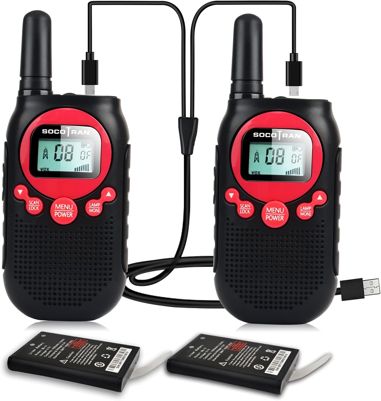 Talkie-walkie SOCOTRAN SC-R40 rouge pour enfants, rechargeable, avec écran LCD rétroéclairé, lampe de poche intégrée, bouton d’appel, 8 canaux, 3 km de portée, adapté dès 4 ans.