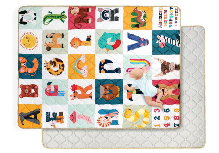 Tapis de jeux bébé pliable Decalsweet Alphabet des animaux 150 × 180 cm, épaisseur 2 cm, lavable en machine, antidérapant, doux et adapté au sol de chambre bébé, parc enfant, motricité et éveil, en promotion sur Amazon.