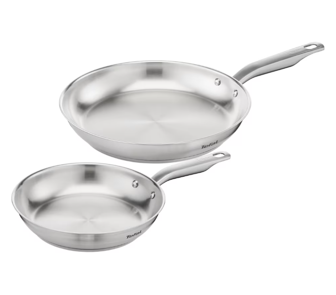 Lot de 2 poêles Tefal Virtuoso 24 et 28 cm en acier inoxydable, base Thermo-Fusion, induction, four 250 °C, garantie 10 ans, offre Amazon