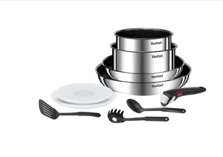  Batterie de cuisine Tefal Ingenio Emotion L897AS04, 10 pièces, inox miroir, poignée amovible, tous feux dont induction, revêtement anti-adhésif Titanium, Thermo-Signal™