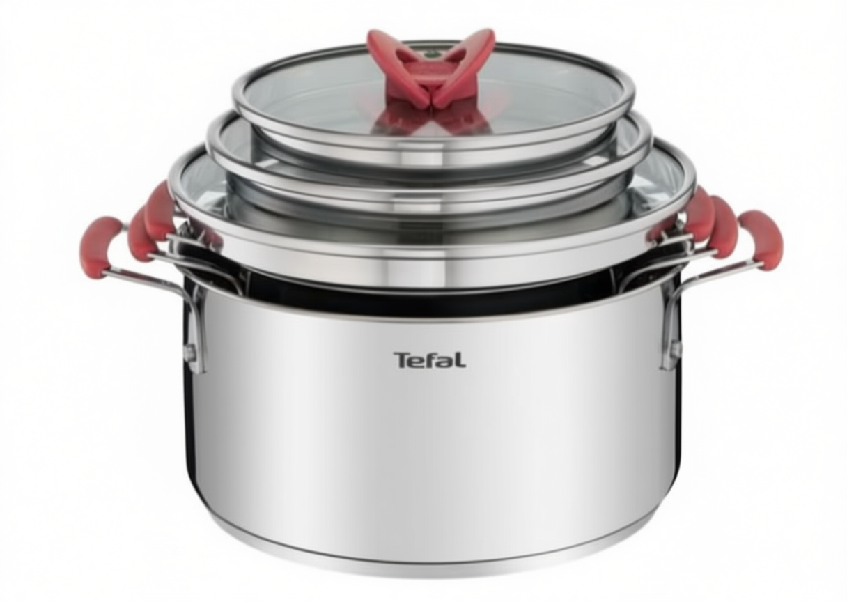 Tefal Opti’Space G720S674 – Lot de 3 faitouts inox 18/20/24 cm avec couvercles verre, empilables, base Thermo-Fusion, graduations intérieures, tous feux dont induction